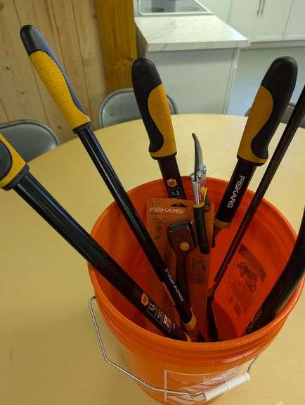 Fiskars Yard Care Items in a Bucket.   Value $130