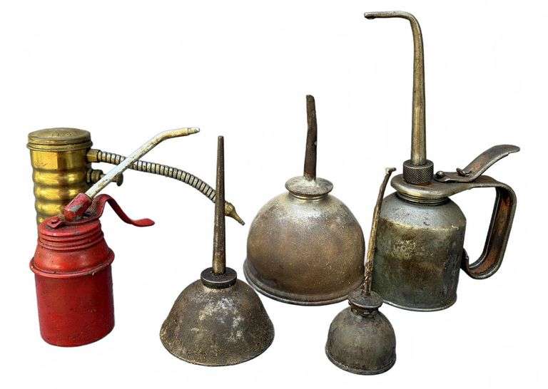 6 Metal Oil Cans And Oilers inc. Eagle (No. 66, Made In USA) and Robert Sprat in Various Sizes