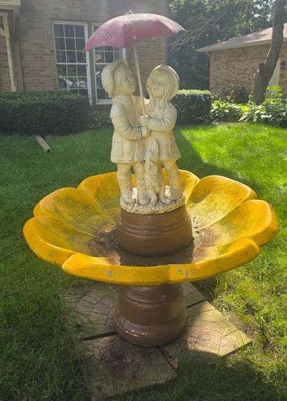 Large Yellow Flower Motif Fountain Bird Bath with Children and Dog Statue, 48"x34"