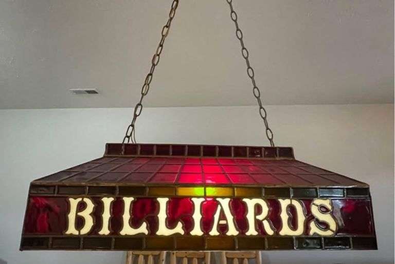 Billiards Stained Glass Pool Table Ceiling Light Fixture (small crack in corner)