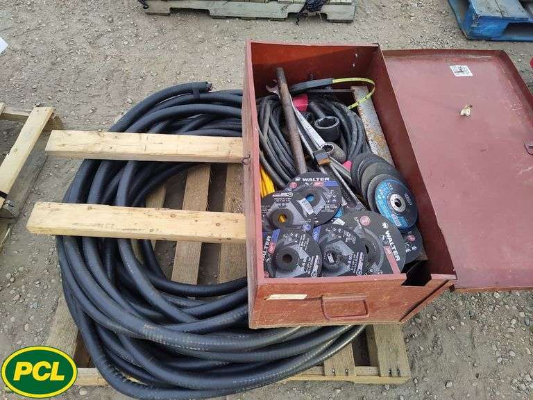 Pallet with Roll of Armoured Teck Cable, Tool Box, Extension Cords ...