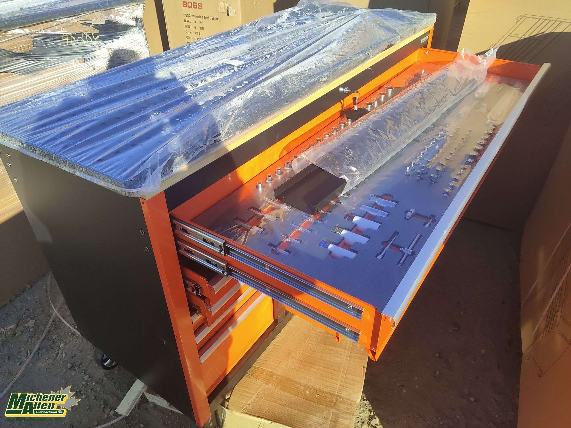 Unused Boss 16 Drawer Rolling Workbench Tool Box with Peg Board