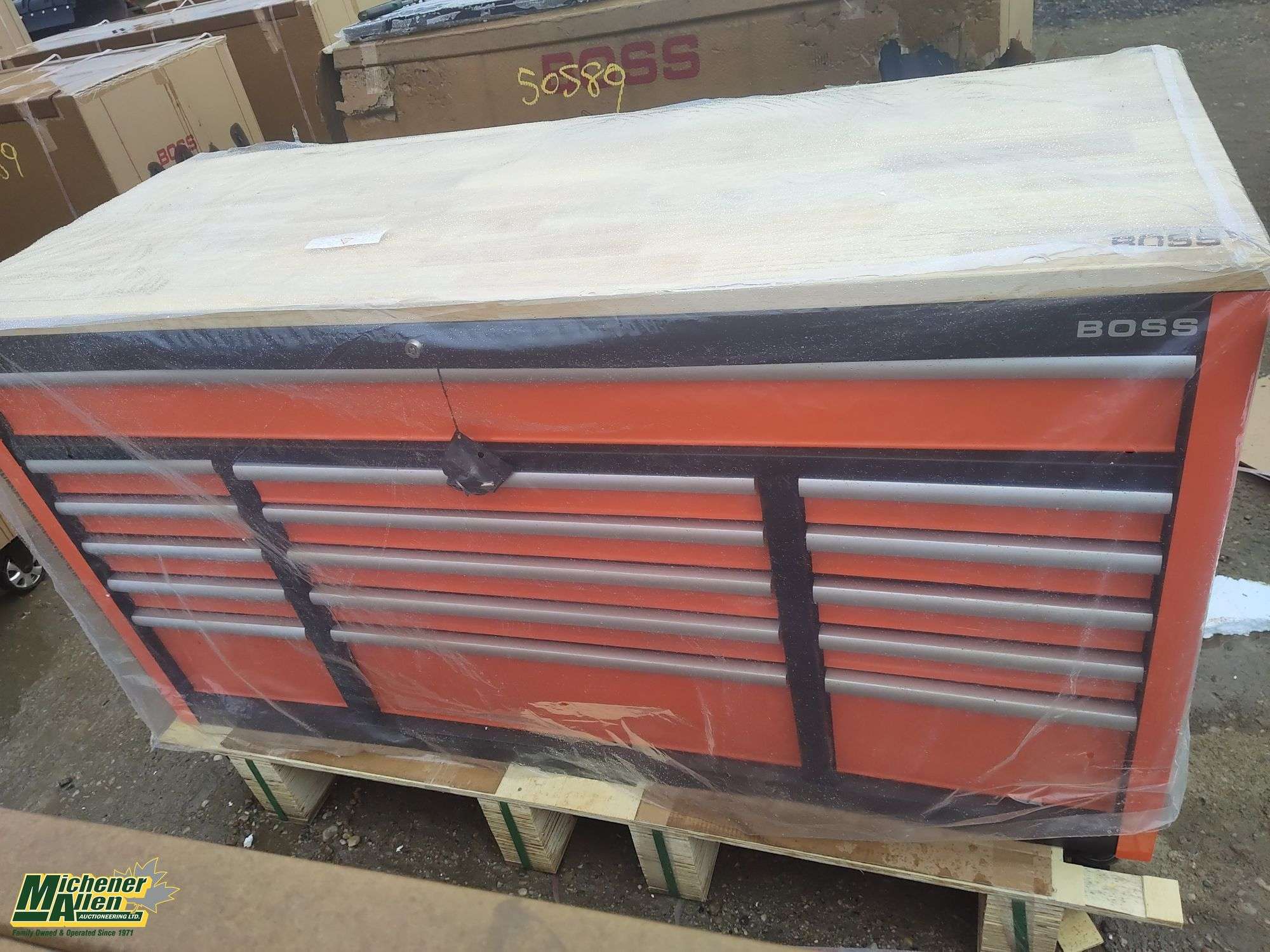 Unused Boss 16 Drawer Rolling Workbench Tool Box with Peg Board