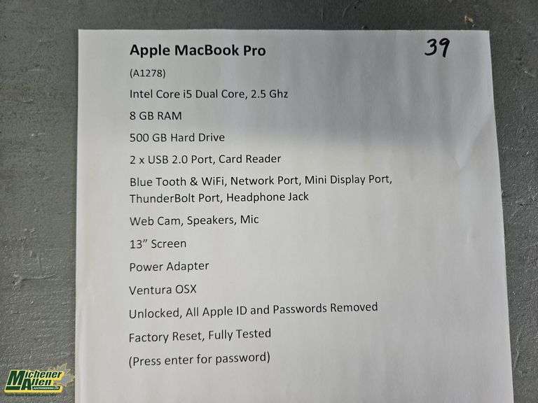 Apple MacBook Pro A1278 (Comes with Power Cord)- Qty.1