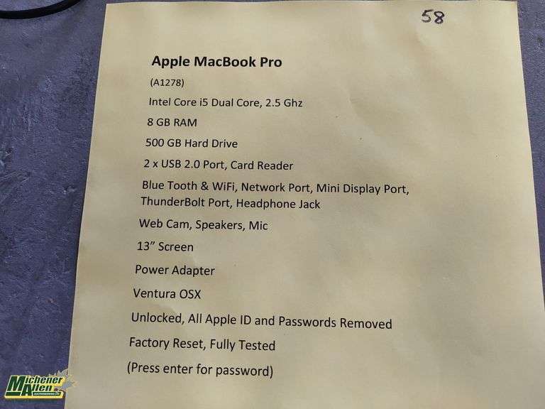Apple MacBook Pro A1278 with Power Adapter - Qty 1