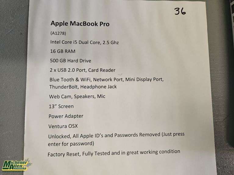 Apple MacBook Pro A1278 (Comes with Power Cord)- Qty.1