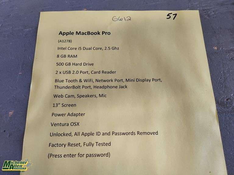 Apple MacBook Pro A1278 with Power Adapter - Qty 1