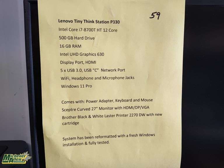 Lenovo Tiny Think Station P330 with Curved 27in Monitor, Brother Printer, Keyboard, Mouse and Power 