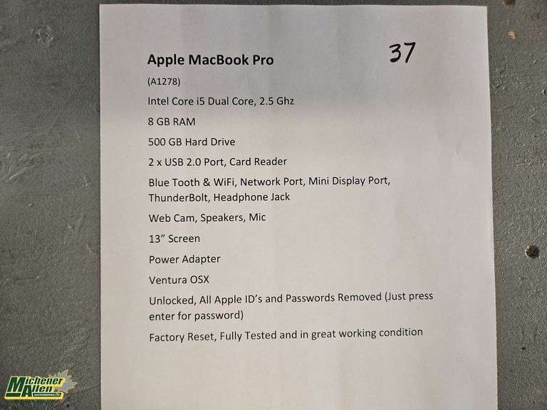 Apple MacBook Pro A1278 (Comes with Power Cord)- Qty.1