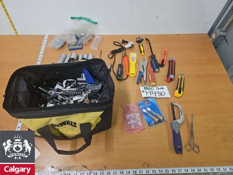Various Tools and Supplies in Dewalt Bag