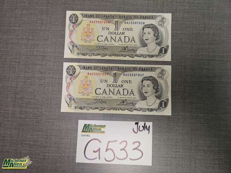 1973 Bank of Canada One Dollar Notes (Consecutive and Uncirculated) - Qty.2