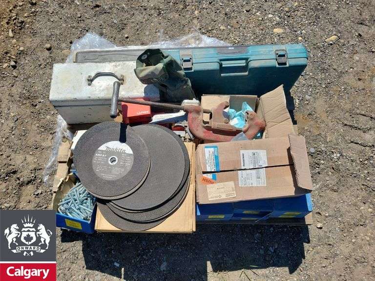 Pallet of...Beaver 16 band saw ,pipe cutter, lag bolts, staples, 18Ga ...
