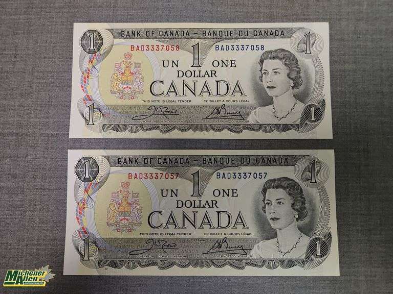 1973 Bank of Canada One Dollar Notes (Consecutive and Uncirculated) - Qty.2