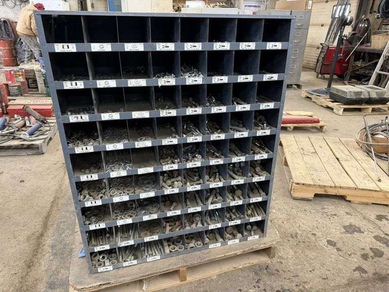 72 hole parts organizer/bolt bin with assorted bolts, nuts, and washers