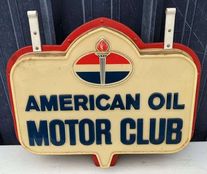 AMERICAN OIL CO MOTOR CLUB SIGN DOUBLE SIDED - Millers Auction Co.