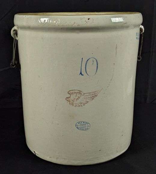 10 GAL RED WING STONEWARE CROCK (4" WING) BAIL HANDLES