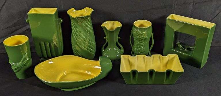 8 PIECES GREEN & YELLOW RED WING ART POTTERY MID CENTURY MODERN MCM