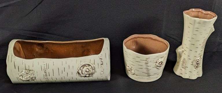 3 PIECES ASSORTED RED WING ART POTTERY BIRCH BARK LOG MID CENTURY MODERN MCM