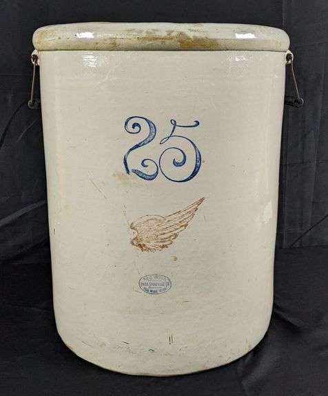 25 GAL RED WING STONEWARE CROCK (6" WING) BAIL HANDLES