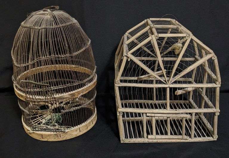 2 ANTIQUE PRIMITIVE FOLK ART BIRD CAGES