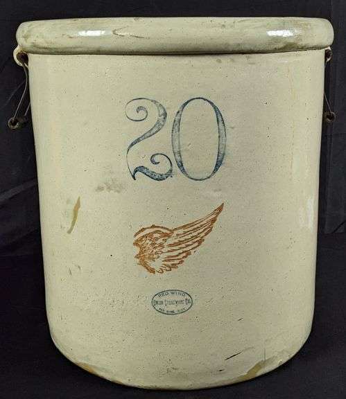 20 GAL RED WING STONEWARE CROCK (6" WING) BAIL HANDLES