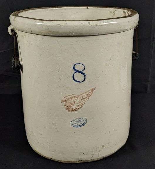 8 GAL RED WING STONEWARE CROCK (4" WING) BAIL HANDLES