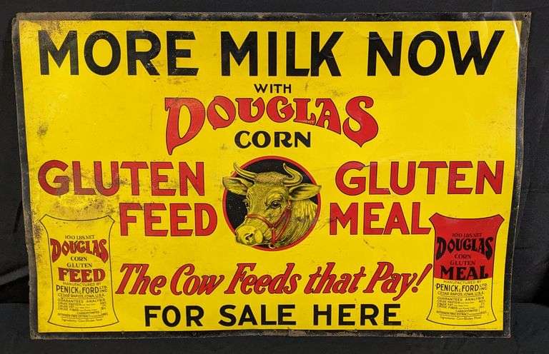 TIN SIGN DOUGLAS COW FEED FOR SALE HERE CEDAR RAPIDS IOWA