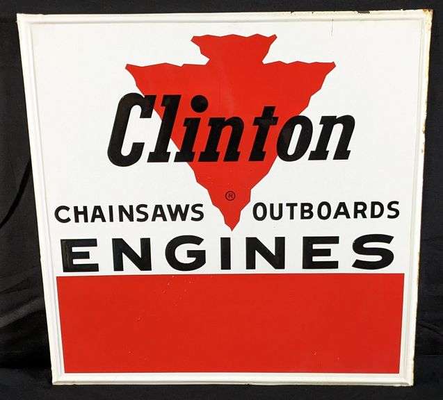 EMBOSSED TIN SIGN CLINTON CHAINSAWS & OUTBOARDS ENGINES