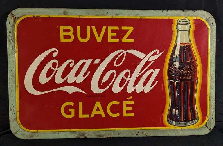 TIN SIGN BUVEZ GLACE' COCA COLA ORIGINAL WOOD FRAME FRENCH CANADIAN