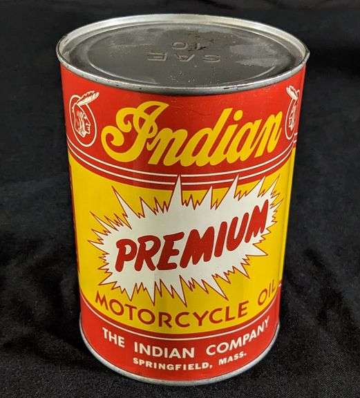 FULL QUART MOTORCYCLE OIL CAN INDIAN PREMIUM SPRINGFIELD MASSACHUSSETTS