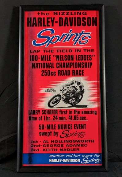 1960'S MOTORCYCLE RACING POSTER THE SIZZLING HARLEY DAVIDSON SPRINTS LARRY SCHAFER
