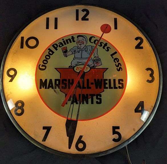 LIGHTED CLOCK MARSHALL WELLS PAINTS GOOD PAINT COST LESS