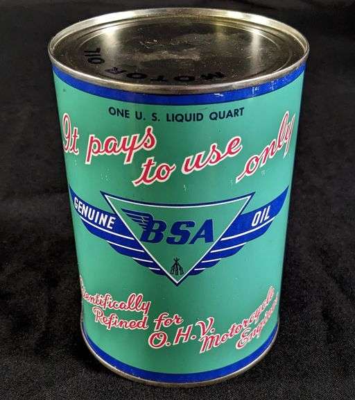 FULL QUART MOTORCYCLE OIL CAN GENUINE BSA BIRMINGHAM ENGLAND