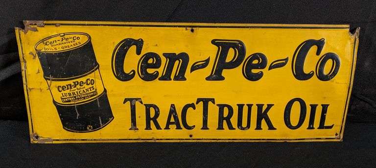 EMBOSSED TIN SIGN CEN-PE-CO TRAKTRUK OIL CLEVELAND OHIO