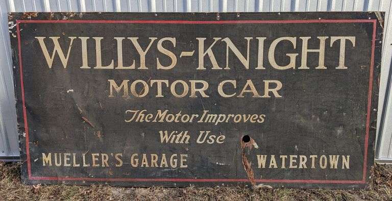 TIN SIGN WILLYS - KNIGHT MOTOR CAR MUELLER'S GARAGE WATERTOWN (MINNESOTA)