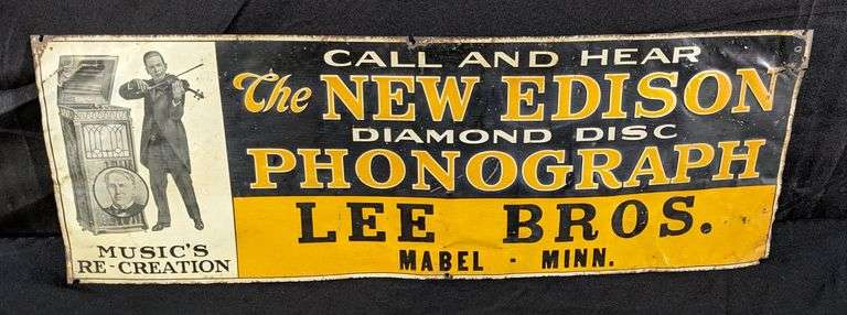 EMBOSSED TIN SIGN NEW EDISON DIAMOND DISC PHONOGRAPH LEE BROS MABEL MINNESOTA