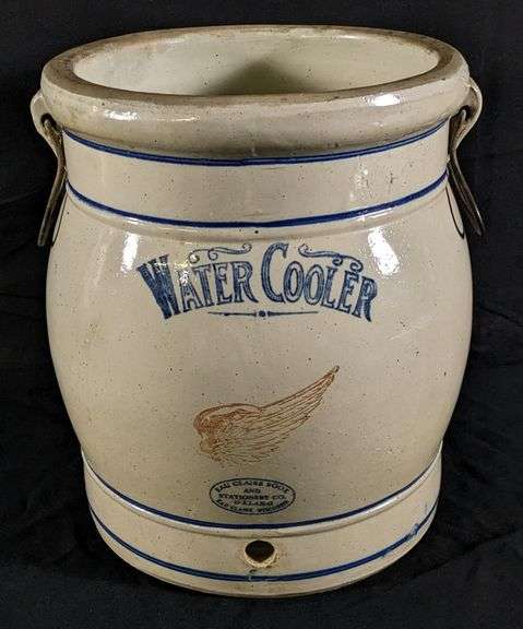 5 GAL ADVERTISING RED WING STONEWARE WATER COOLER CROCK EAU CLAIRE BOOK & STATIONERY CO  O-KLAR-O WISCONSIN
