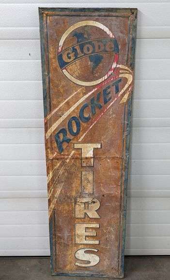 PATINA SPECIAL EMBOSSED TIN SIGN GLOBE ROCKET TIRES