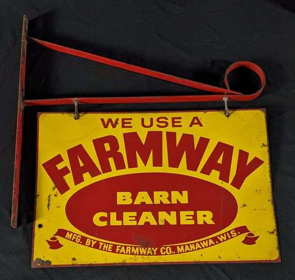 TIN SIGN WE USE A FARMWAY BARN CLEANER MANAWA WISCONSIN 2 SIDED ORIGINAL HANGING BRACKET