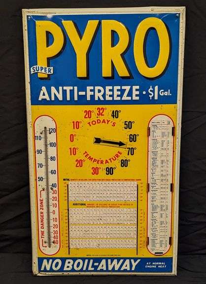 EMBOSSED TIN THERMOMETER SIGN SUPER PYRO ANTI FREEZE