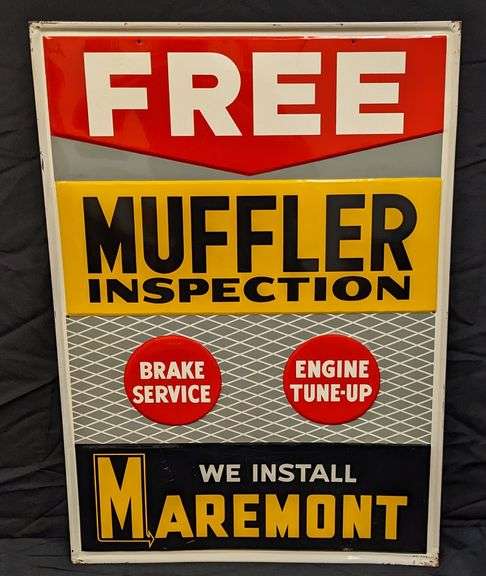 EMBOSSED TIN SIGN FREE MUFFLER INSPECTION WE INSTALL MAREMONT