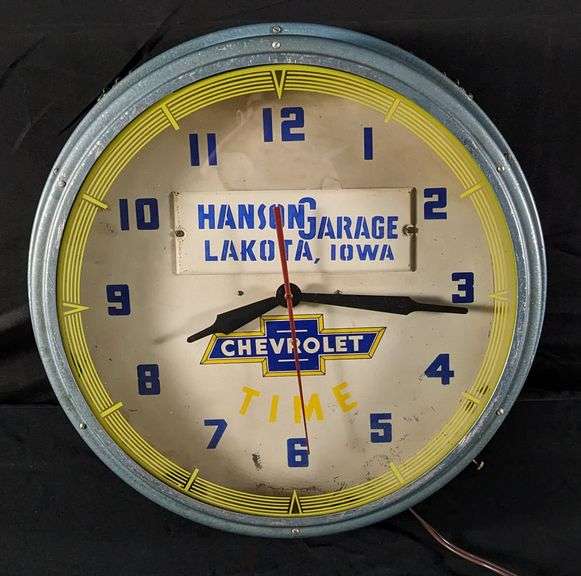 CHEVROLET DEALERSHIP CHEVY TIME NEON CLOCK HANSON GARAGE LAKOTA IOWA ...