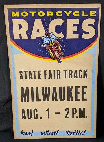 ORIGINAL CARDSTOCK SIGN POSTER MOTORCYCLE RACES STATE FAIR TRACK ...