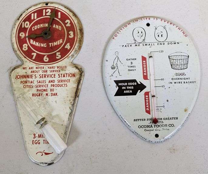 RUGBY NORTH DAKOTA EGG TIMER & CENTRAL CITY NEBRASKA EGG THERMOMETER