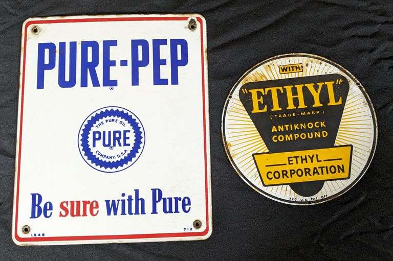 PORCELAIN GAS PUMP SIGNS PURE PEP & ETHYL GASOLINE - Millers Auction Co.