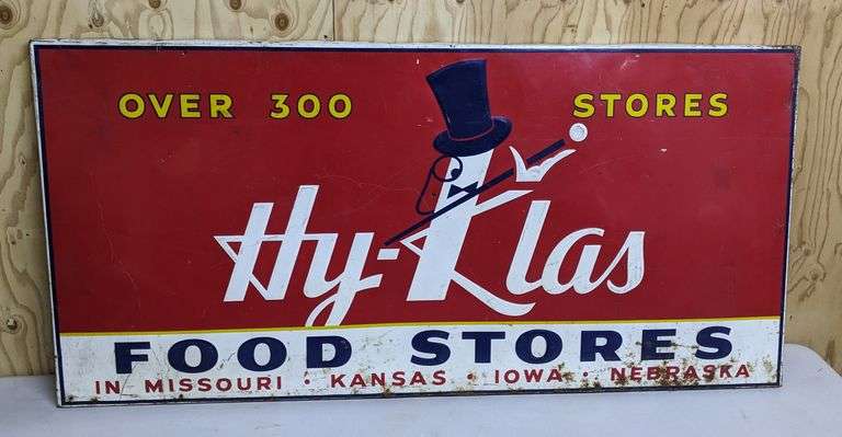 EMBOSSED TIN SIGN HY-KLAS FOOD STORES MISSOURI KANSAS IOWA NEBRASKA