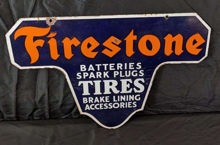 PORCELAIN SIGN FIRESTONE TIRES BATTERIES SPARK PLUGS BRAKE LINING ACCESSORIES