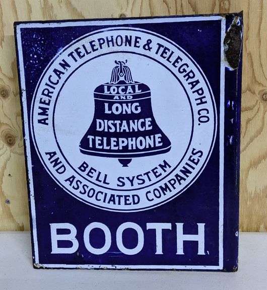 PORCELAIN FLANGE SIGN AMERICAN TELEPHONE & TELEGRAPH BELL SYSTEM PHONE BOOTH