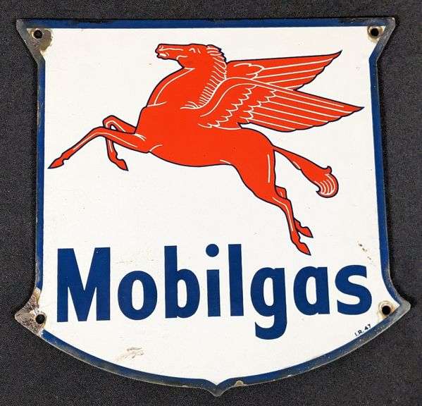 1947 PORCELAIN GAS PUMP SIGN MOBIL MOBILGAS GASOLINE - Millers Auction Co.