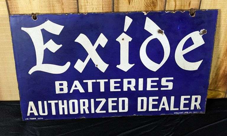 PORCELAIN SIGN EXIDE BATTERIES AUTHORIZED DEALER 2 SIDED